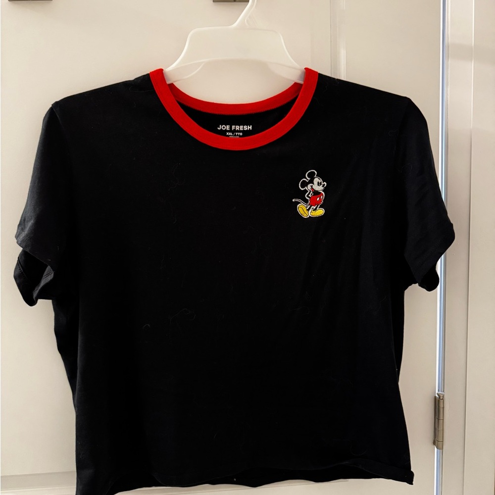 Disney & Joe Fresh Adult Black crop-top Tee with Red Collar and Mickey Graphic
